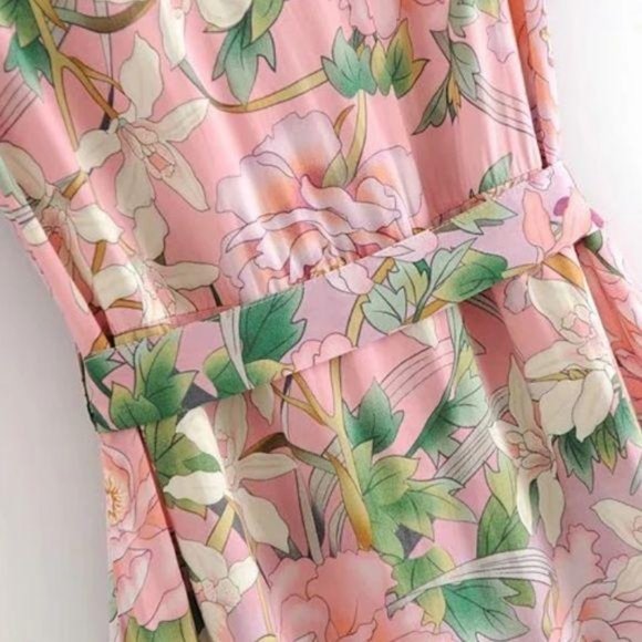 Boho Vintage Floral Print Ruffle Dress Pink Twirl - Picture 5 of 8